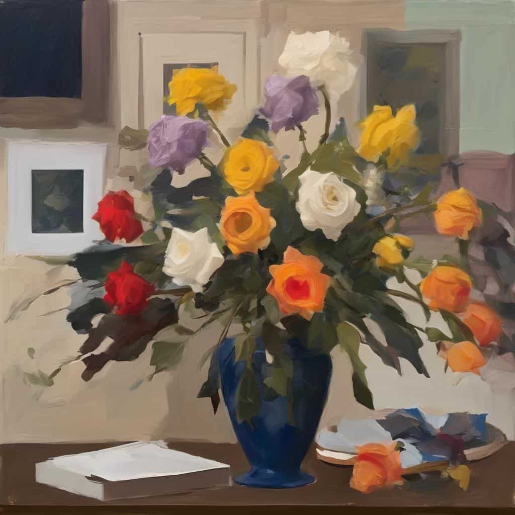 Λουλούδια σε ανθοστήλη, πίνακας με έντονα χρώματα, τέχνη και δημιουργία, έμπνευση στην τέχνη, ζωγραφική διακόσμηση, σύγχρονη τέχνη.